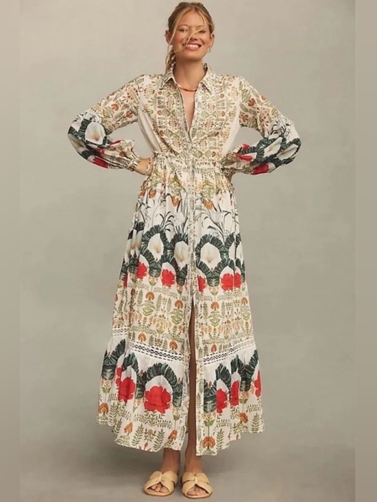 Anthropologie Dresses & Skirts - Anthropologie Eleanora Buttondown Shirtdress Silk Blend Botanical Motif Sz: L